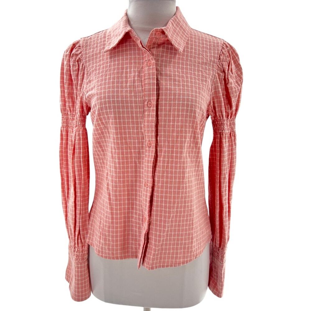 The shirt Rochelle Behrens smocked long sleeve shirt tuckernuck check pink XS